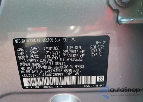 2021 Honda Hr-V 2Wd Ex-L z USA, uszkodzony, nr VIN 3CZRU5H78MM726969